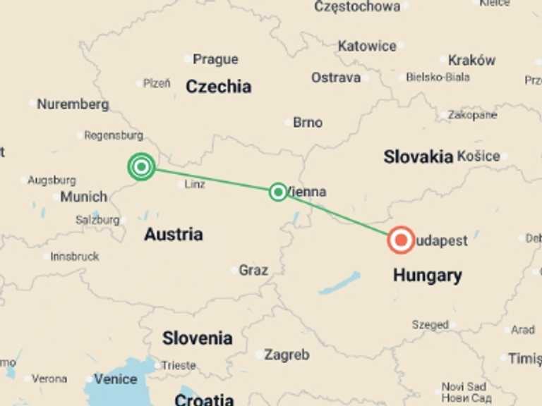 Map itinerary of Europe Tour in July 2026 with 3 destination visits for the trip: The beautiful blue Danube (port-to-port cruise)