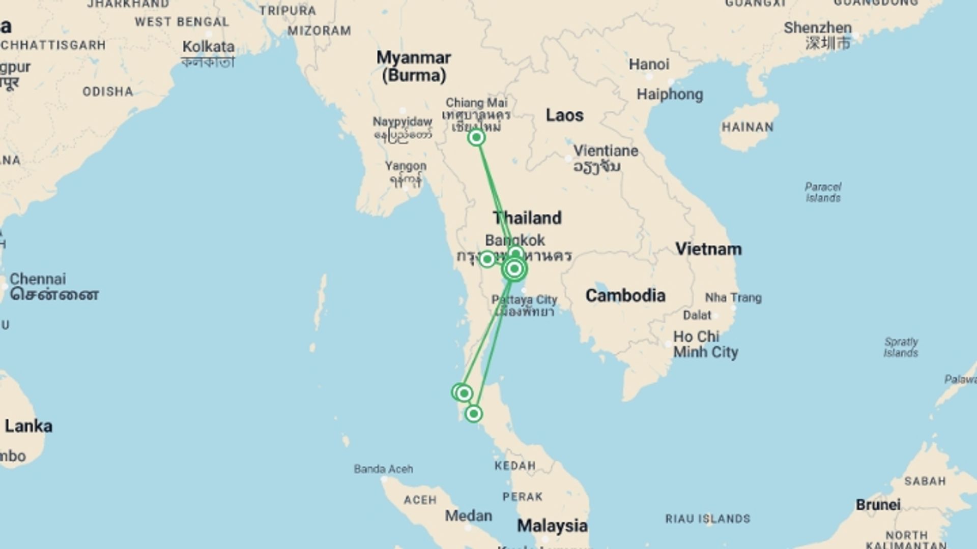 A map showing the tour itinerary for the trip: Journeys: Iconic Thailand, starting in Bangkok, Thailand and ending in Bangkok, Thailand going through 6 other destinations.