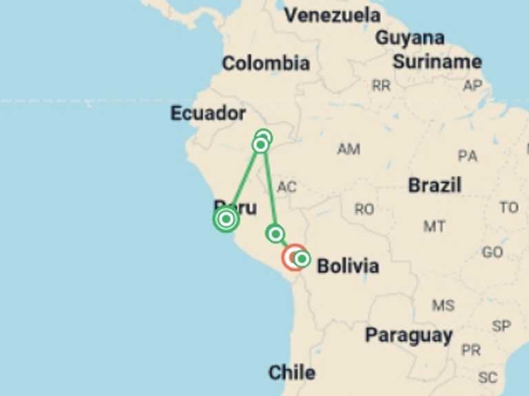Map of South America Tour with 7 destination visits for the trip: Peru & Iquitos Amazon Cruise - 11 days