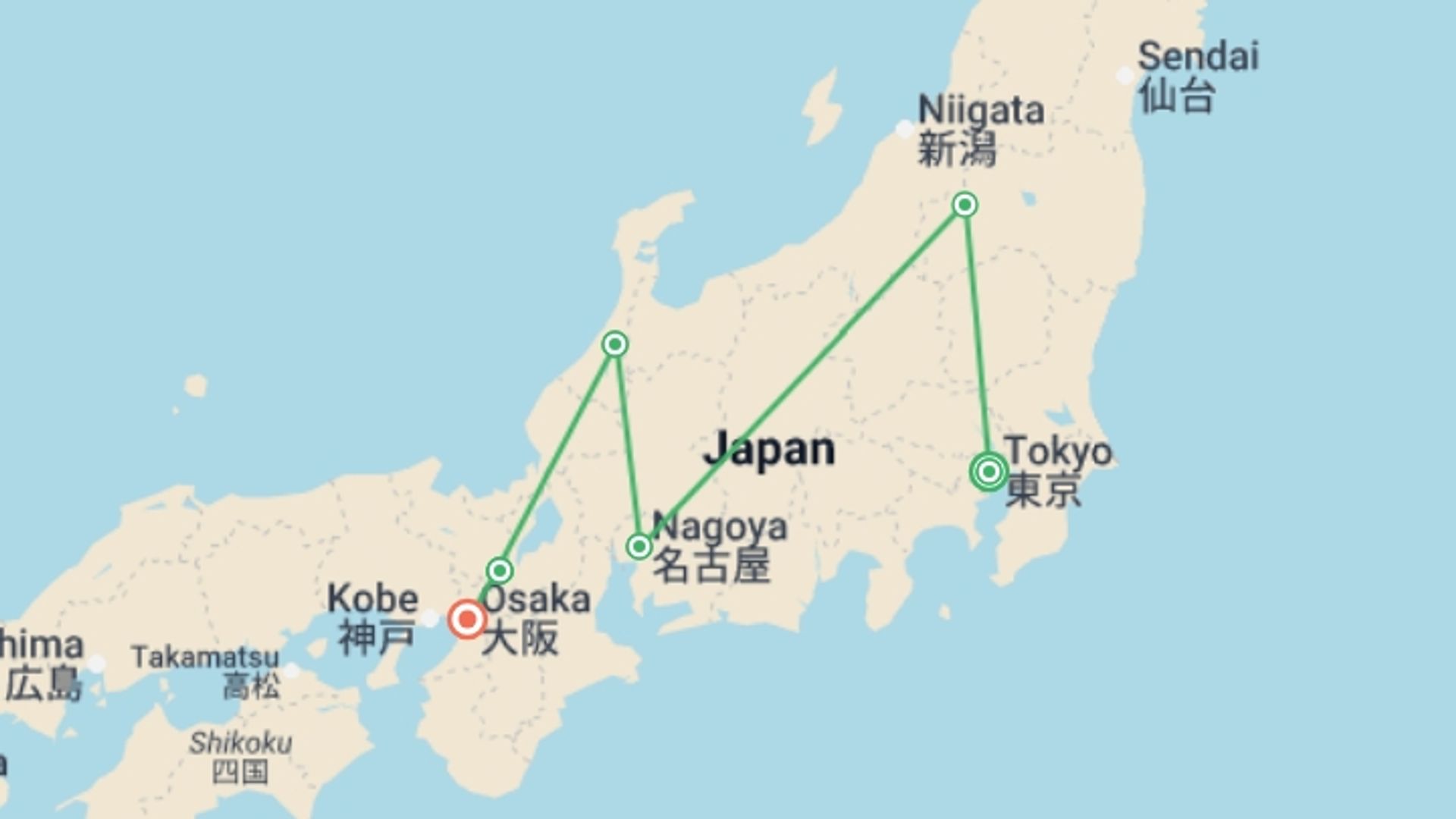 A map showing the tour itinerary for the trip: Wonders of Japan - Small Group, starting in Tokyo, Japan and ending in Osaka, Japan going through 4 other destinations.