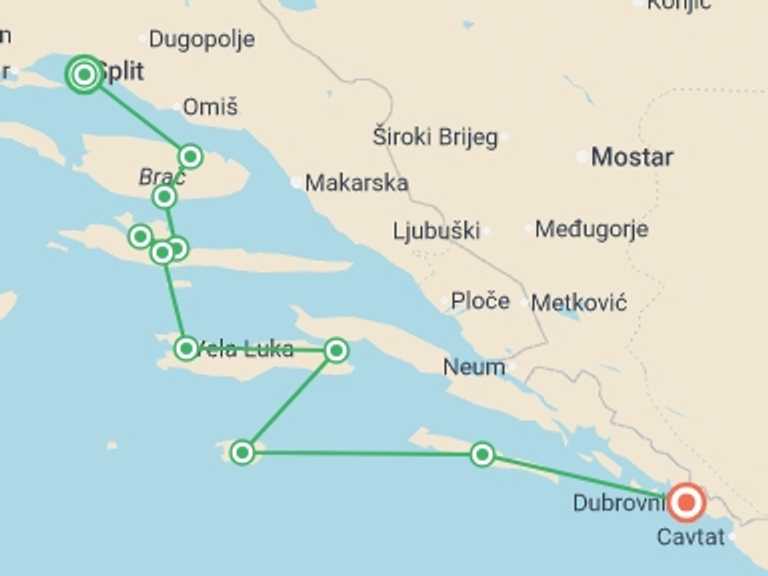 Map itinerary of Balkans Tour in October 2026 with 9 destination visits for the trip: Dalmatian Coast and Dubrovnik Bike and Boat