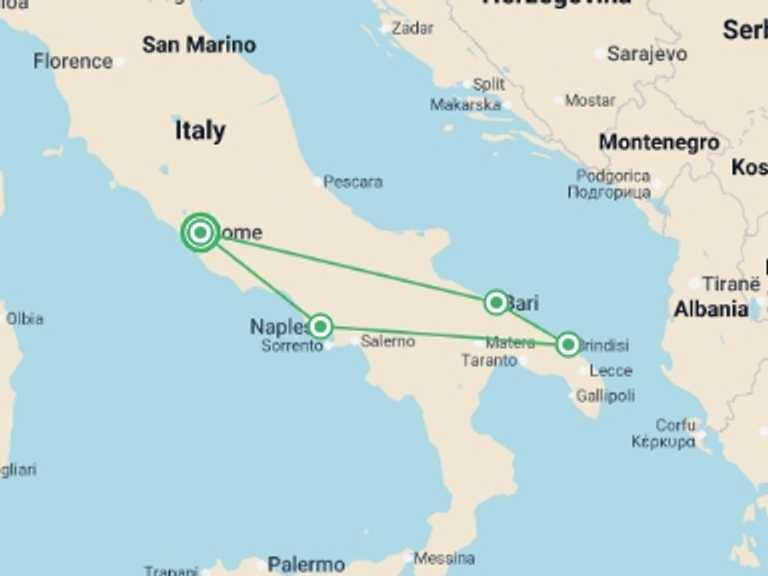 Map itinerary of Italy Tour in December 2025 with 4 destination visits for the trip: Beautiful Puglia