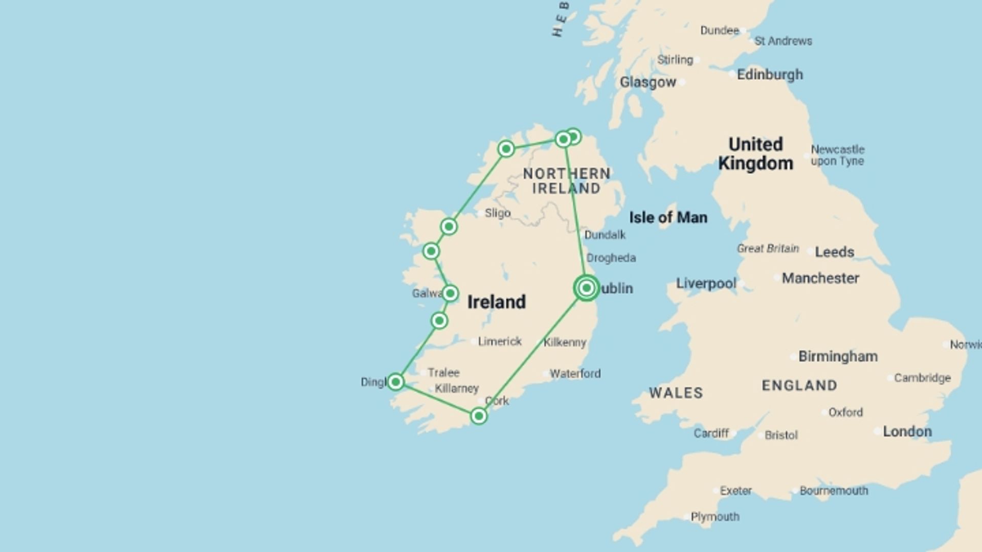 A map showing the tour itinerary for the trip: Totally Ireland - 11 days, starting in Dublin, Ireland and ending in Dublin, Ireland going through 9 other destinations.