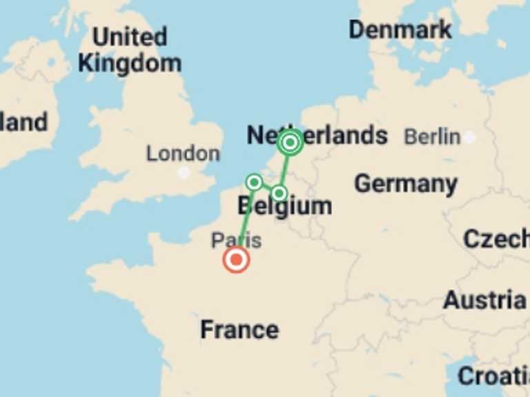 Map itinerary of Paris Tour in Winter with 2 destination visits for the trip: Amazing Amsterdam, Brussels and Paris