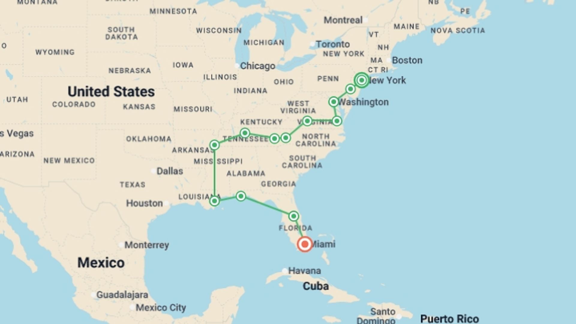 A map showing the tour itinerary for the trip: New York to Miami, starting in New York, USA and ending in Miami, USA going through 10 other destinations.