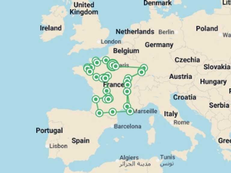 Map itinerary of France Tour in May 2026 with 12 destination visits for the trip: French Passion