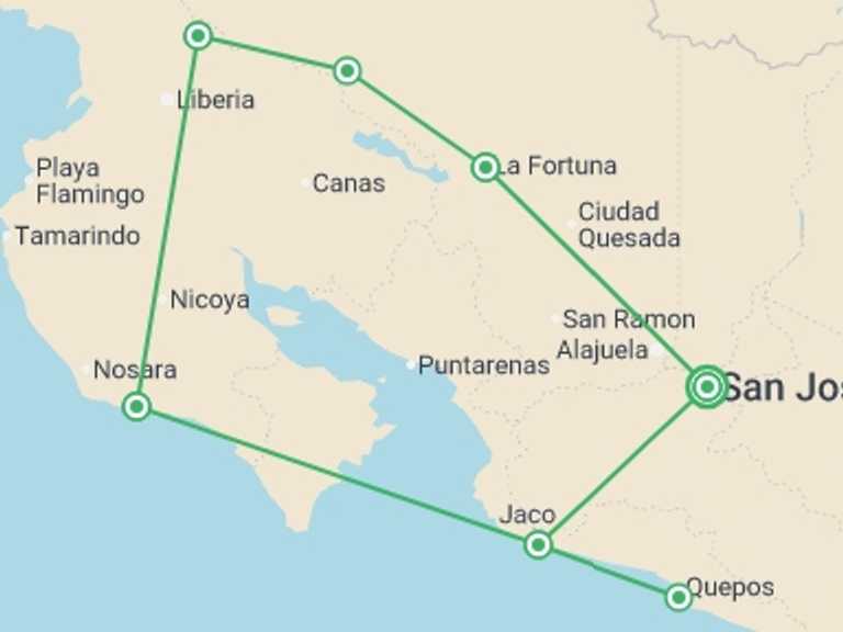 Map of 13-Day San Jose Tour with 5 destination visits for the trip: Classic Costa Rica Youth Adventure  - 13 days