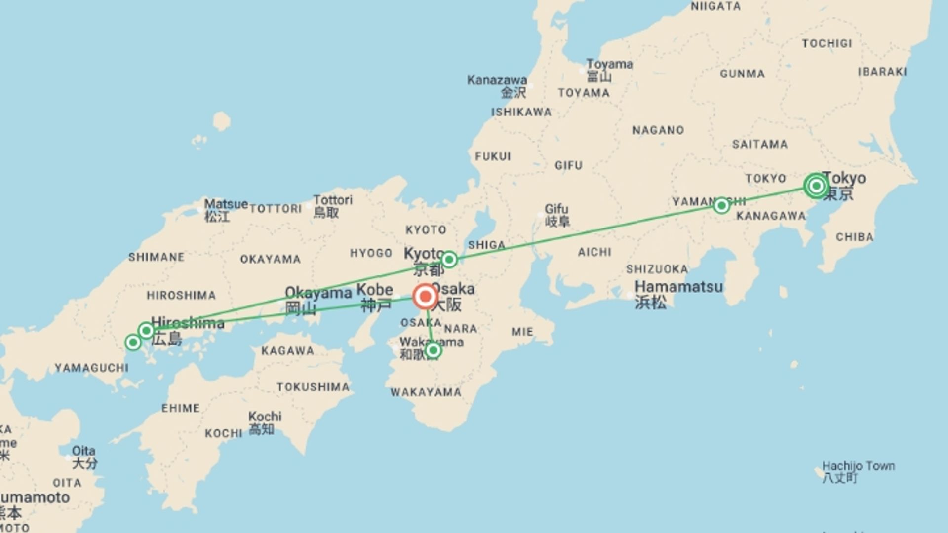 A map showing the tour itinerary for the trip: Best of Japan with Koya-san 2026, starting in Tokyo, Japan and ending in Osaka, Japan going through 4 other destinations.