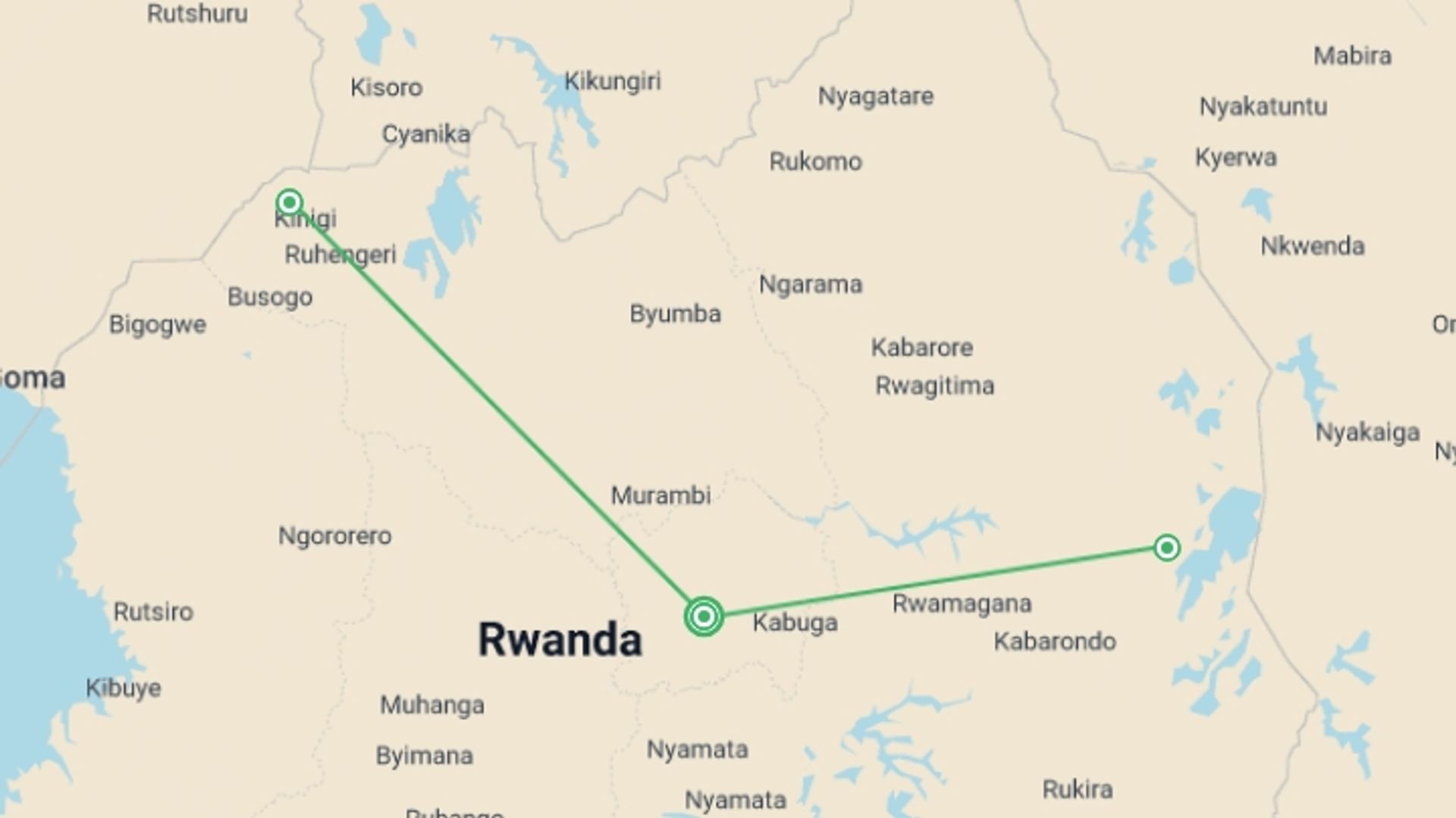 A map showing the tour itinerary for the trip: Journeys: Wild Encounters in Rwanda, starting in Kigali, Rwanda and ending in Kigali, Rwanda going through 2 other destinations.