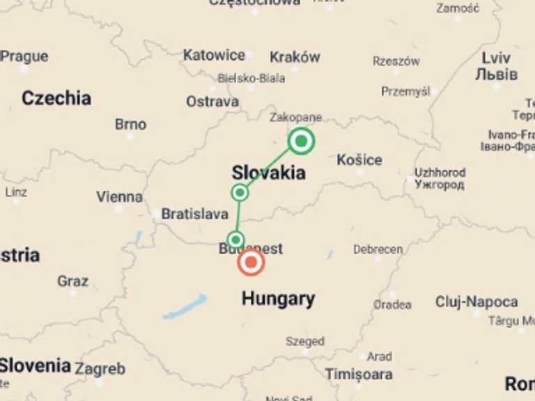 Map itinerary of Hungary Tour in May 2026 with 6 destination visits for the trip: Cycling High Tatras to Budapest