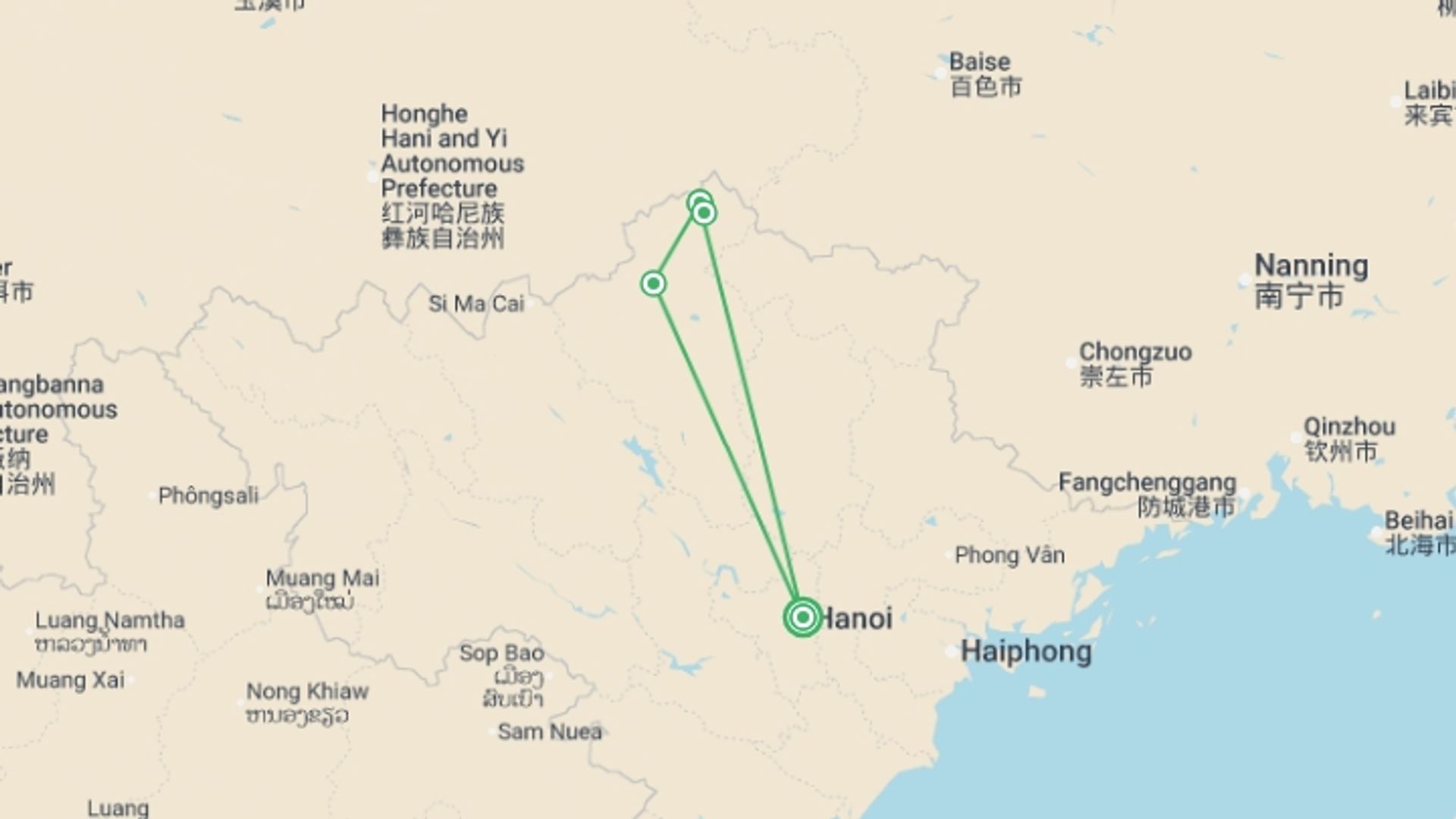 A map showing the tour itinerary for the trip: Ha Giang Loop in Northern Vietnam, starting in Hanoi, Vietnam and ending in Hanoi, Vietnam going through 2 other destinations.