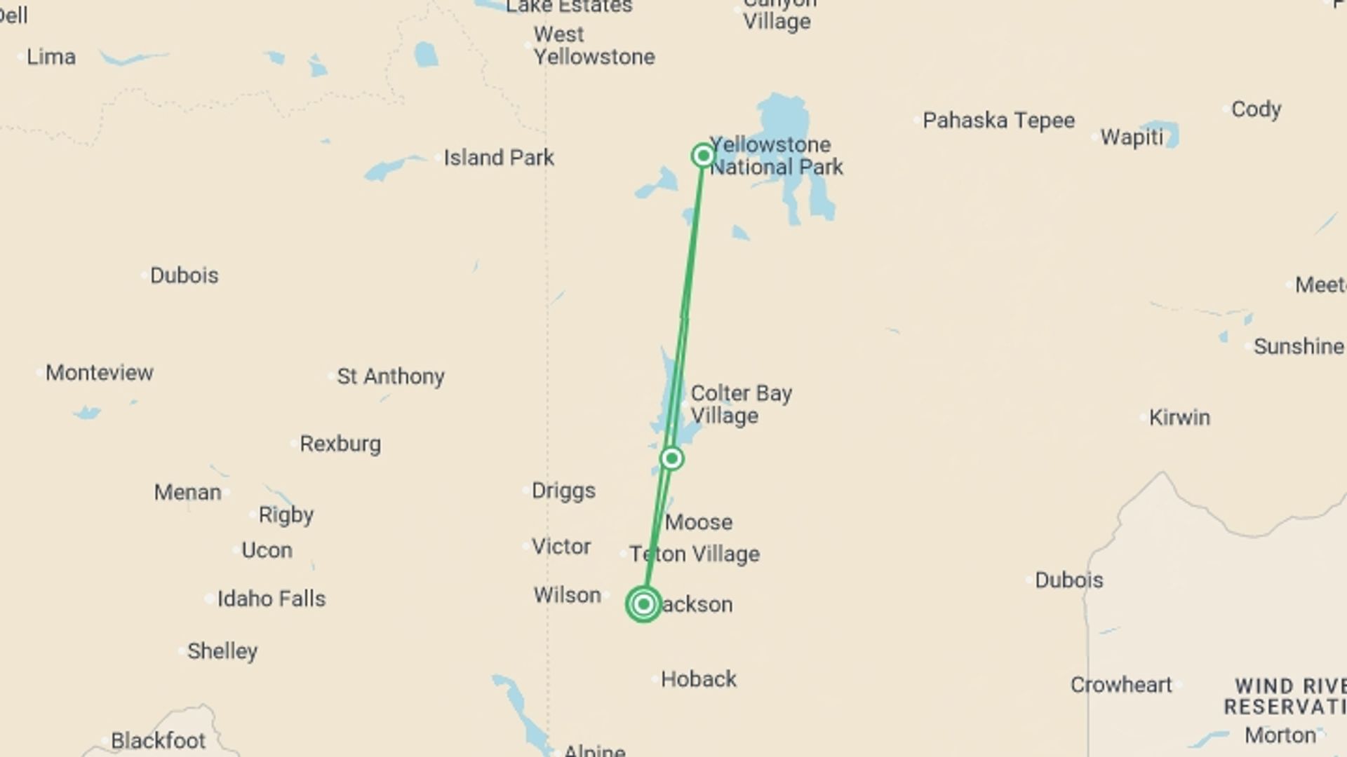A map showing the tour itinerary for the trip: National Parks Family Journey: Yellowstone and Grand Teton, starting in Jackson, USA and ending in Jackson, USA going through 2 other destinations.