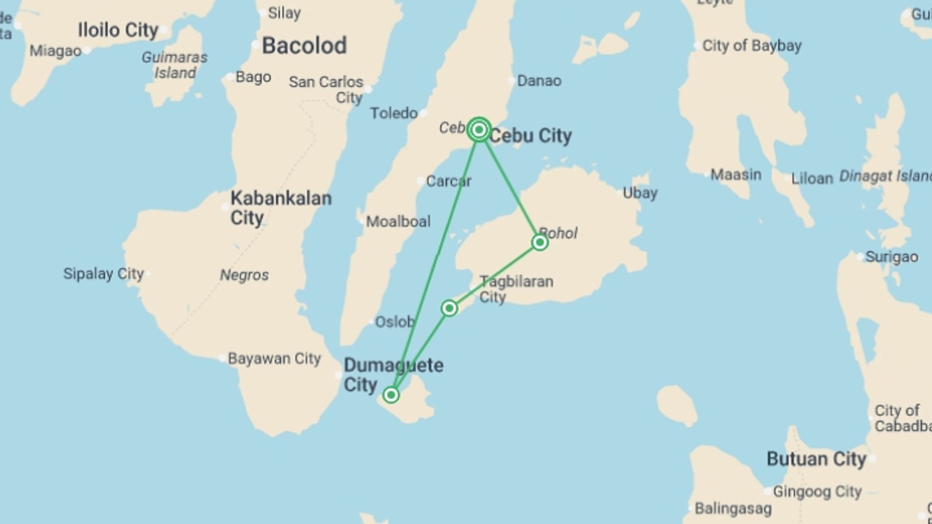 A map showing the tour itinerary for the trip: Essential Philippines, starting in Cebu, Philippines and ending in Cebu, Philippines going through 3 other destinations.