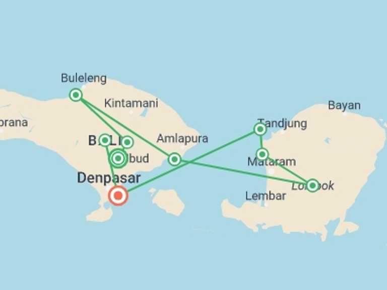 Map of Indonesia Tour with 9 destination visits for the trip: Impressive Bali & Lombok (5 & 4 Star Hotels)