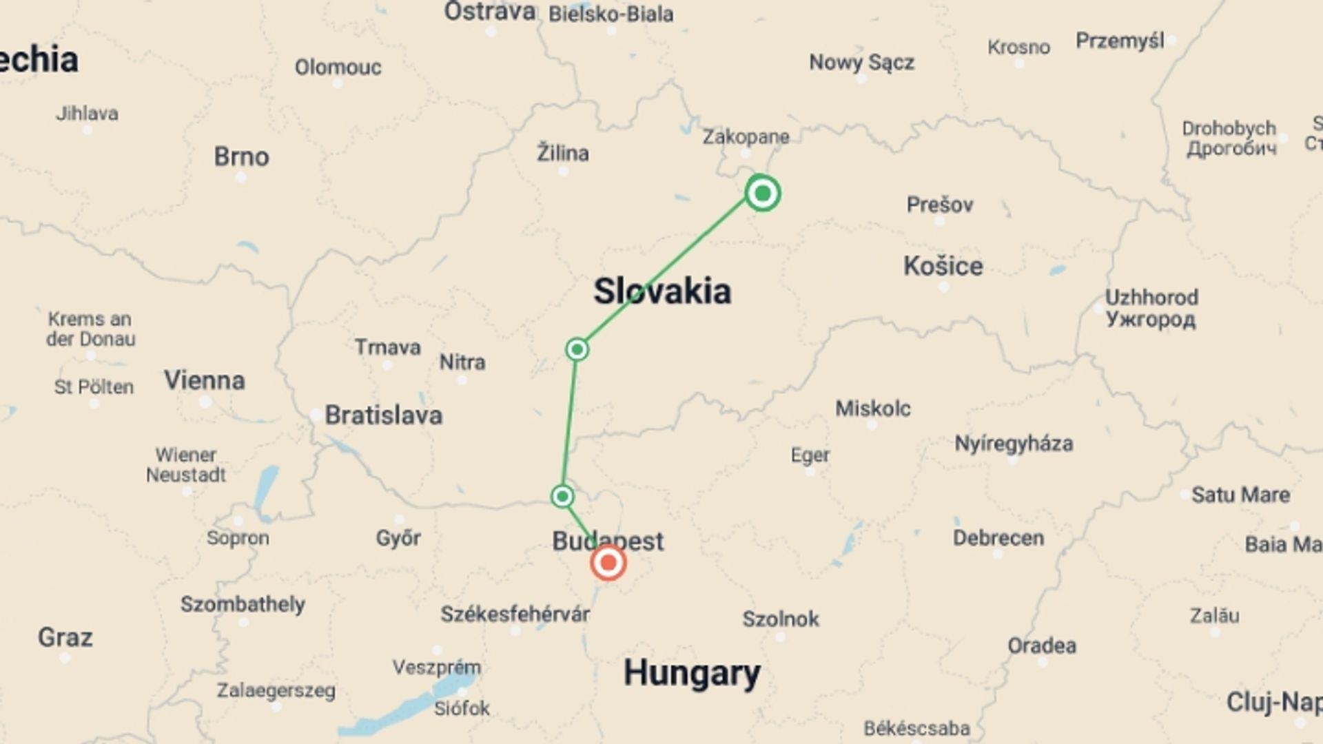 A map showing the tour itinerary for the trip: Cycling High Tatras to Budapest, starting in Strbske Pleso, Hungary and ending in Budapest, Hungary going through 4 other destinations.