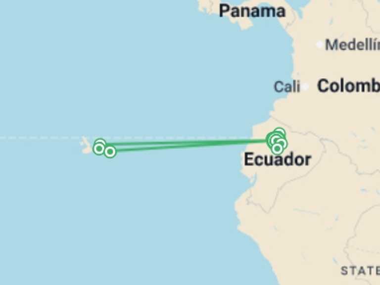 Map of a Adventure and sport Tour with 6 destination visits for the trip: Ecuador & Galapagos Islands Explorer - 13 days