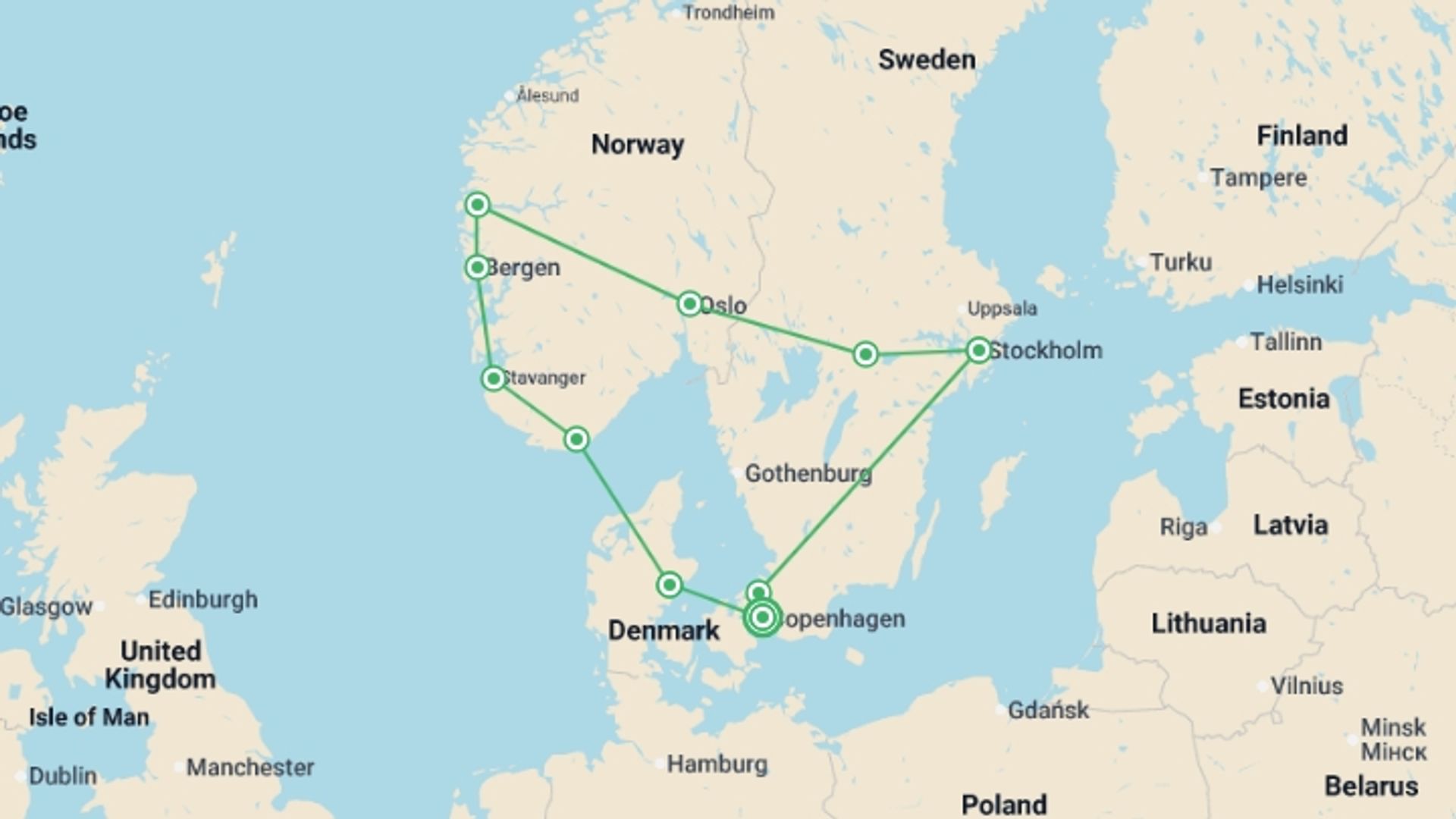 A map showing the tour itinerary for the trip: Great Scandinavia, starting in Copenhagen, Denmark and ending in Copenhagen, Denmark going through 5 other destinations.