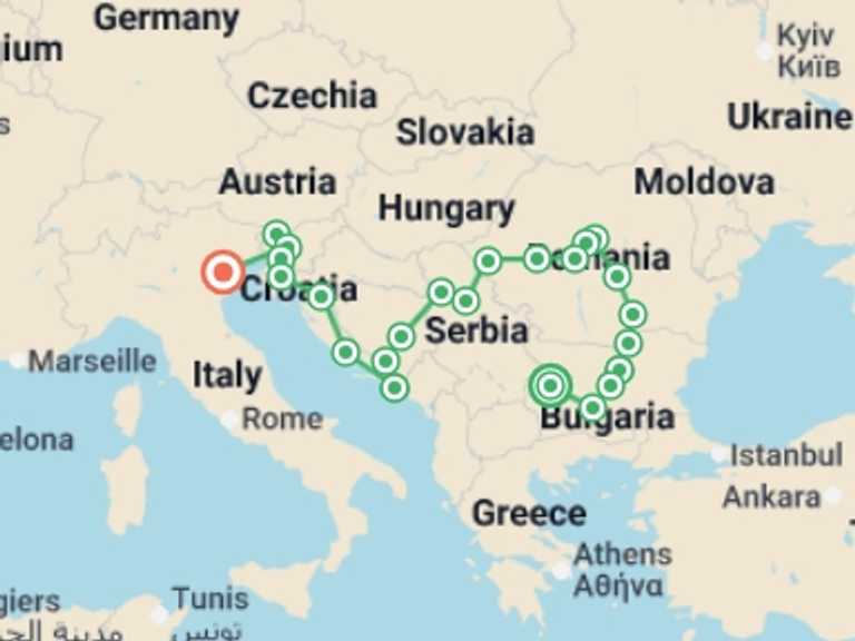 Map itinerary of Mediterranean Tour in May 2026 with 13 destination visits for the trip: Balkanic Miracle