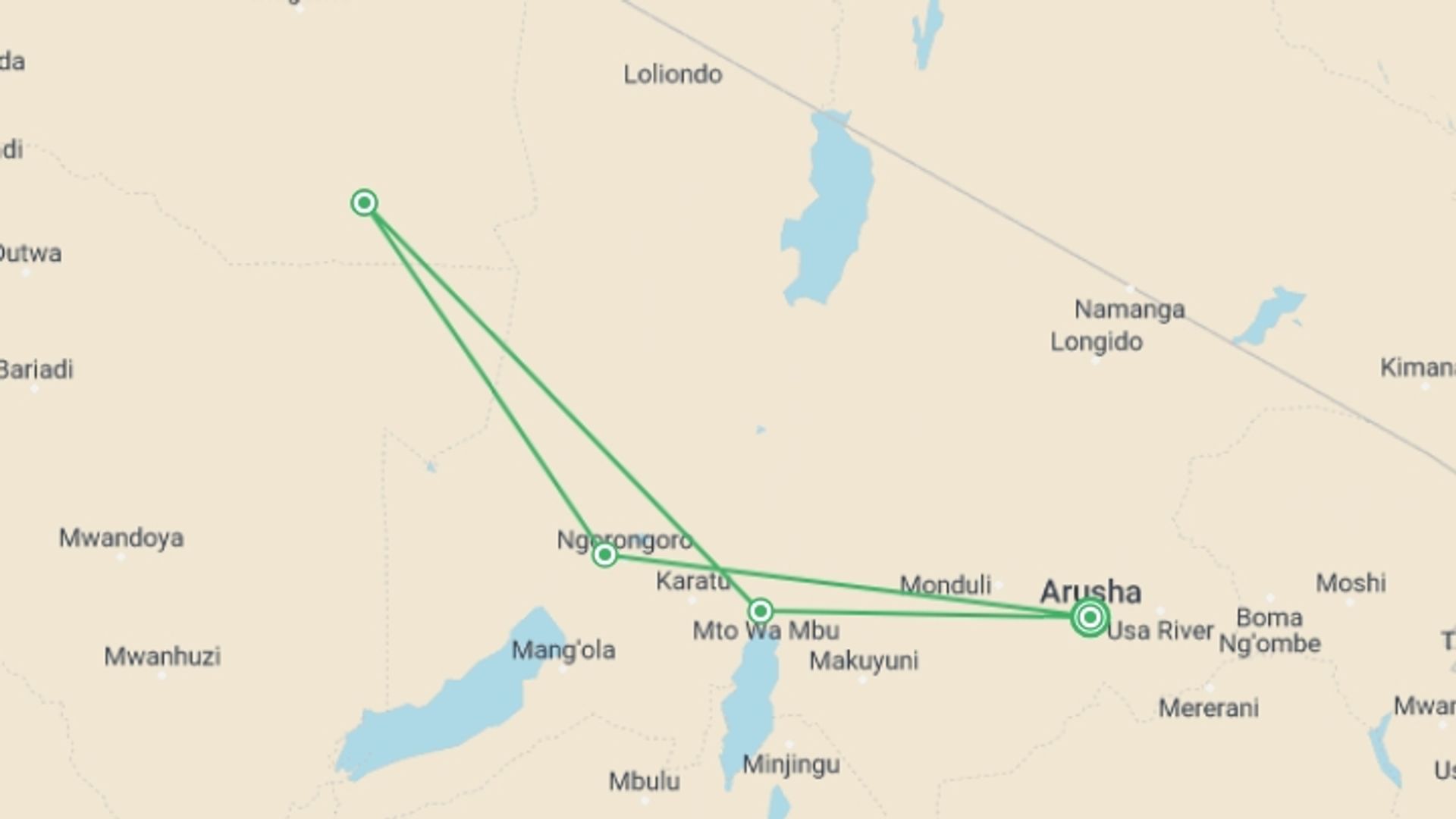A map showing the tour itinerary for the trip: 5 Days Safari Lake Manyara, Serengeti & Ngorongoro Crater, starting in Arusha, Tanzania and ending in Arusha, Tanzania going through 4 other destinations.