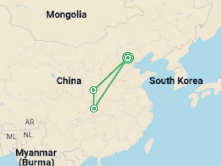 Map itinerary of China Tour in November 2026 with 3 destination visits for the trip: Majestic Premium China Tour with Yangtze River Cruise