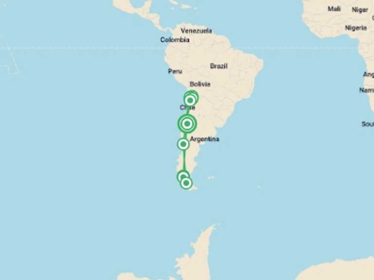 Map itinerary of Chile Tour in March 2026 with 10 destination visits for the trip: Highlights of Chile - Atacama to Paine