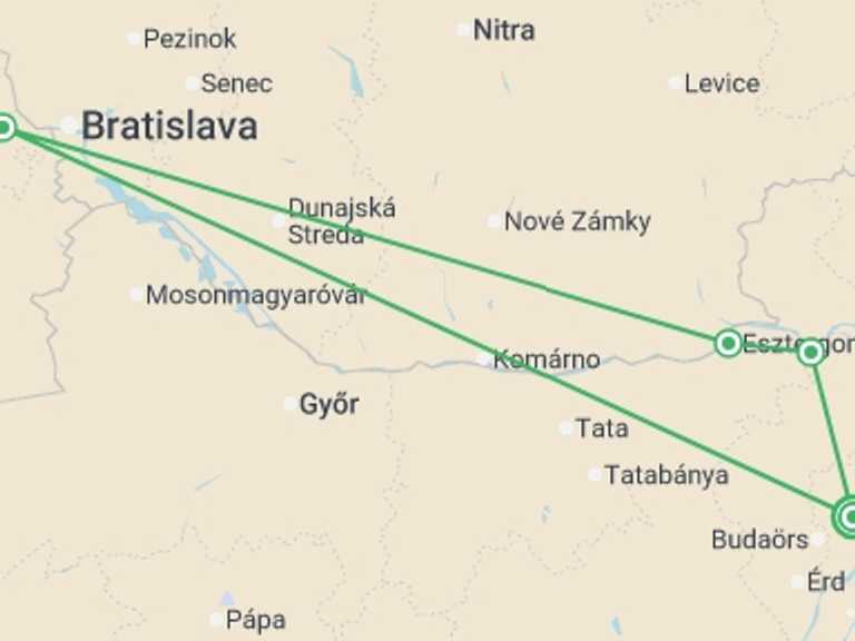 Map of Europe Tour with 3 destination visits for the trip: The Soul of the Danube, Between Hungarian and Slavic Cultures (port-to-port cruise)