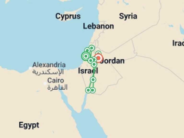 Map itinerary of Mediterranean Tour in July 2026 with 8 destination visits for the trip: Israel and Jordan
