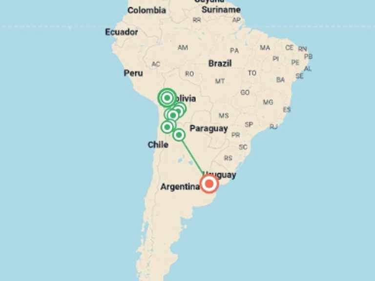 Map of South America Tour with 9 destination visits for the trip: La Paz to Buenos Aires