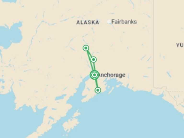 Map itinerary of USA Tour in Fall with 4 destination visits for the trip: Alaska's National Parks