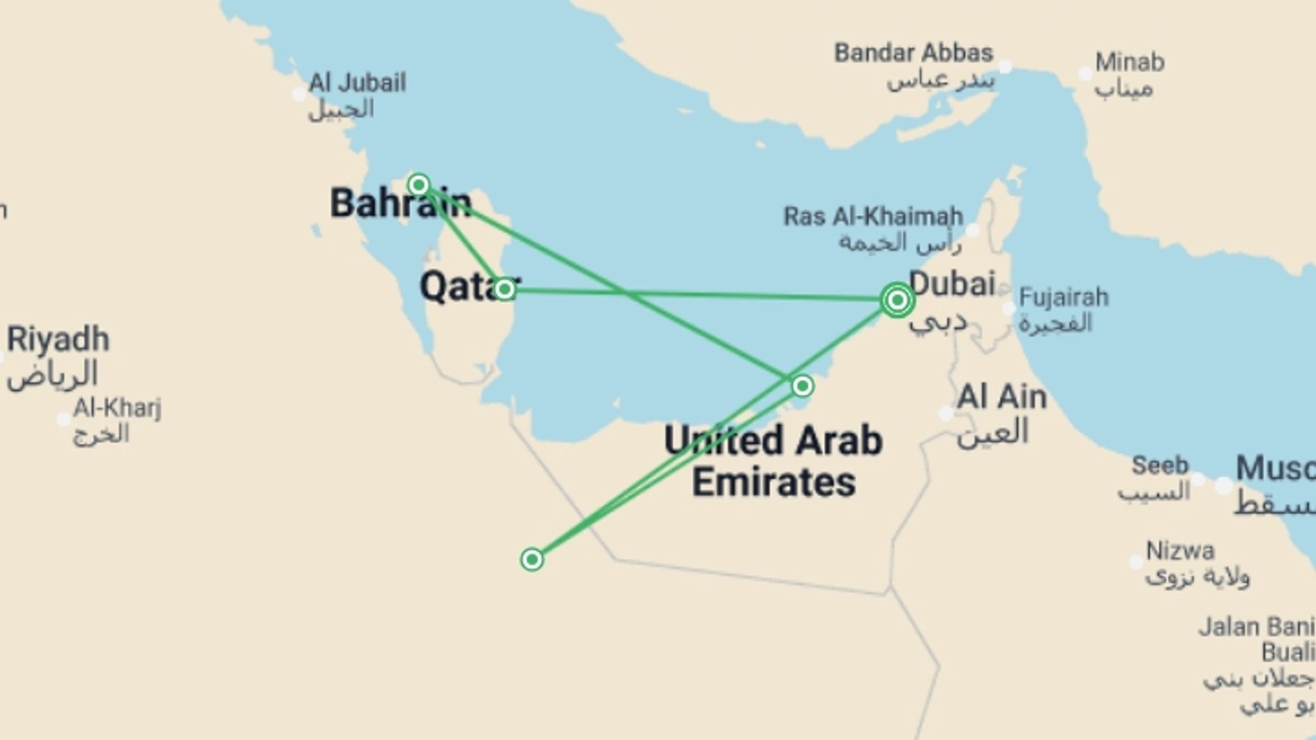 A map showing the tour itinerary for the trip: Dubai and 07 Nights Persian Gulf Cruise, starting in Dubai, UAE and ending in Dubai, UAE going through 4 other destinations.