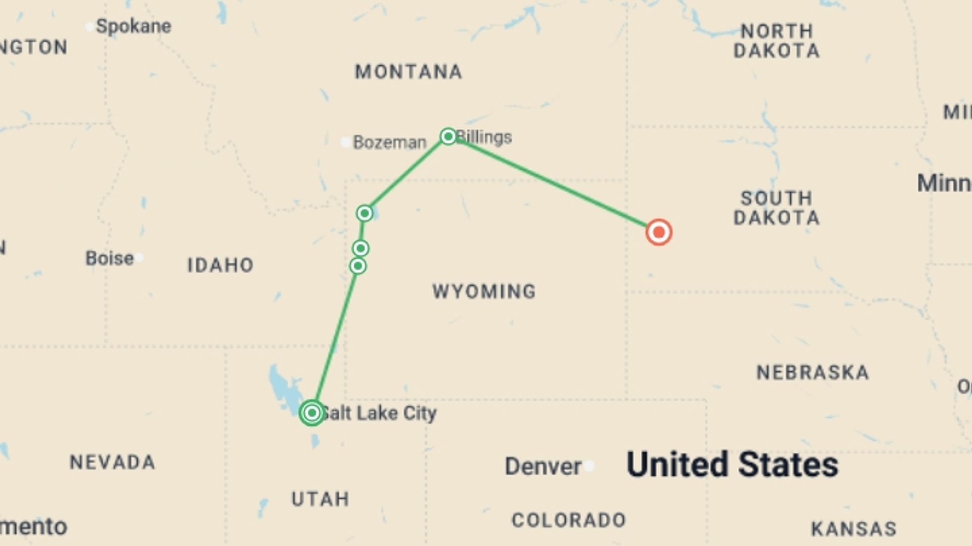 A map showing the tour itinerary for the trip: Wild West, Cowboys and Buffalos, starting in Salt Lake City, USA and ending in Rapid City, USA going through 4 other destinations.