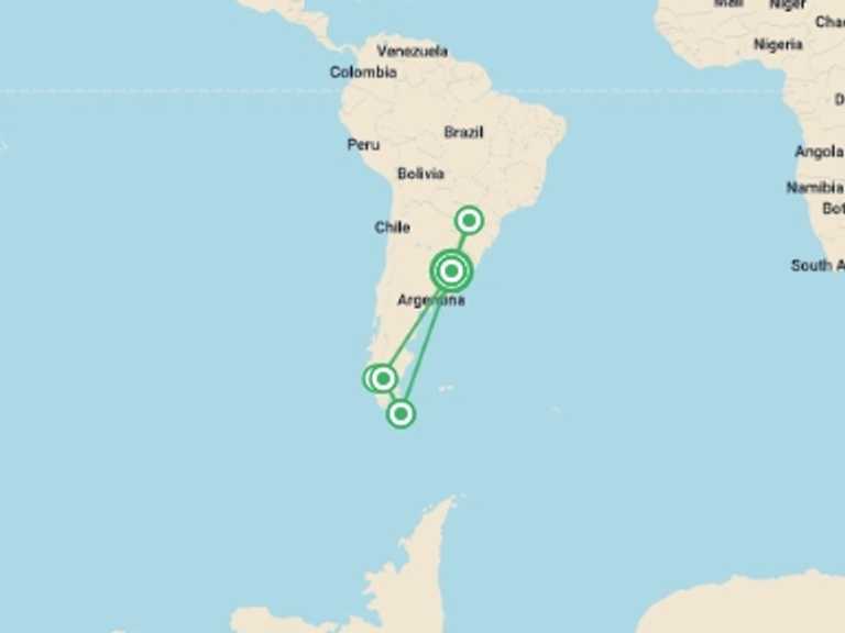 Map itinerary of Patagonia Tour in October 2025 with 9 destination visits for the trip: From the Jungle to the End of the World