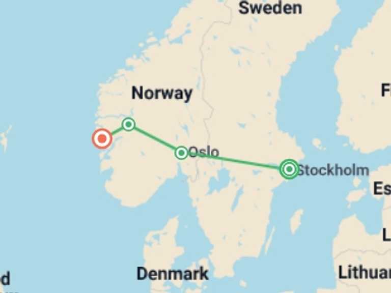 Map of Scandinavia Walking Tour with 4 destination visits for the trip: Premium Sweden and Norway