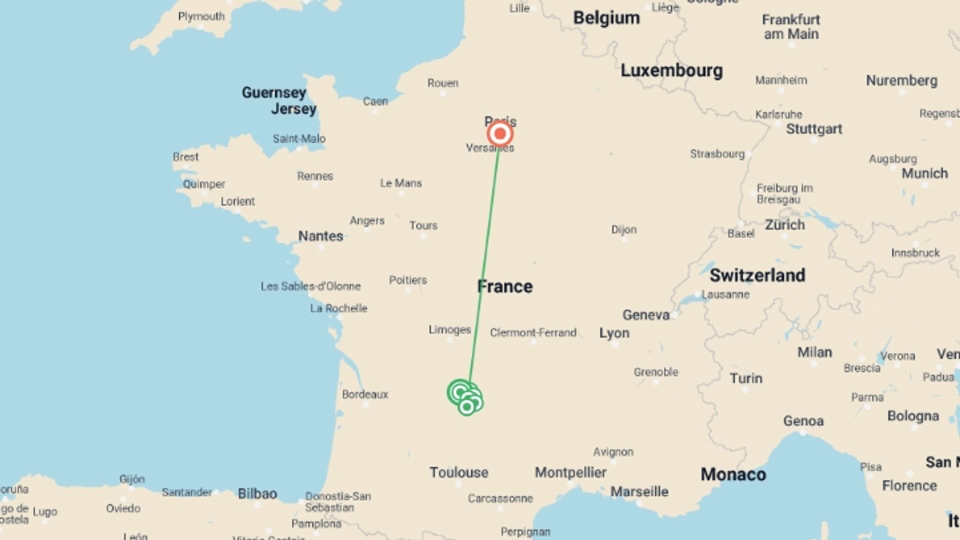 A map showing the tour itinerary for the trip: Dordogne's Hidden Treasures on Foot - 8 Days, starting in Cressensac-Sarrazac, France and ending in Paris, France going through 6 other destinations.