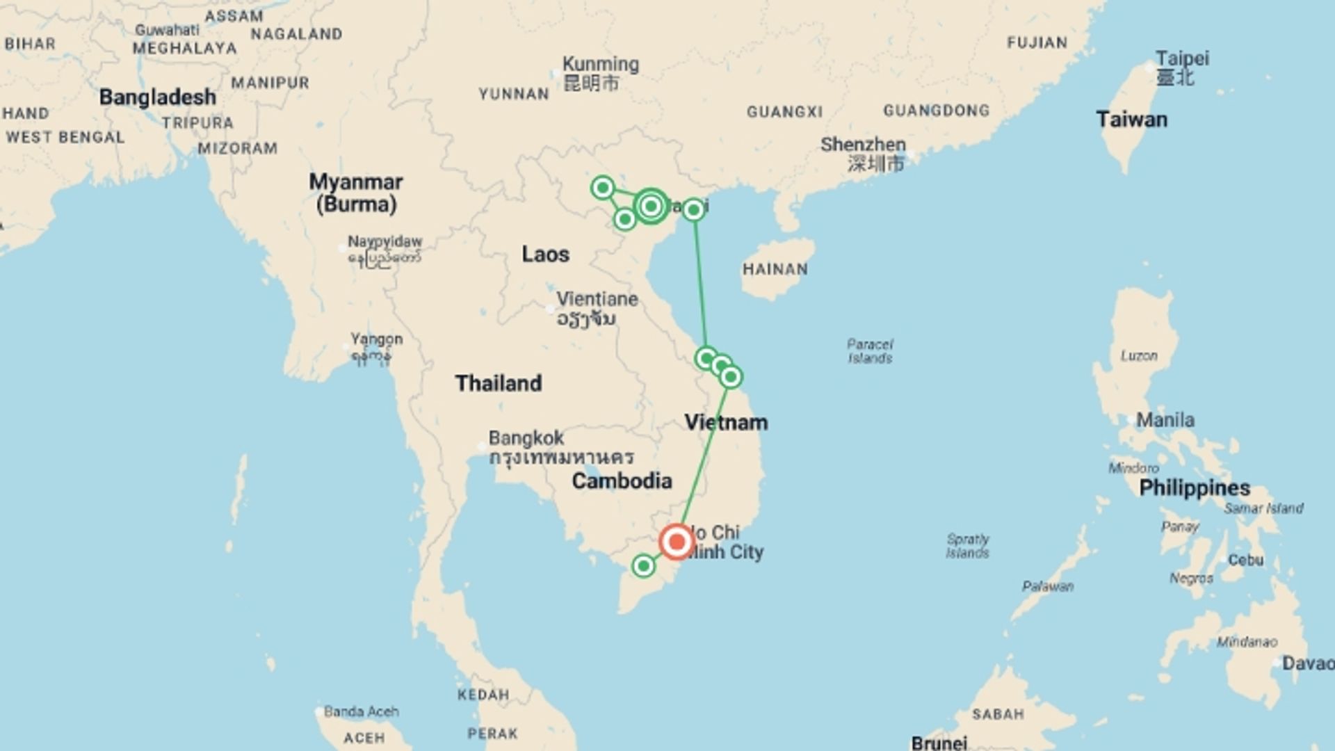 A map showing the tour itinerary for the trip: Vietnam by Bike, starting in Hanoi, Vietnam and ending in Ho Chi Minh City, Vietnam going through 8 other destinations.