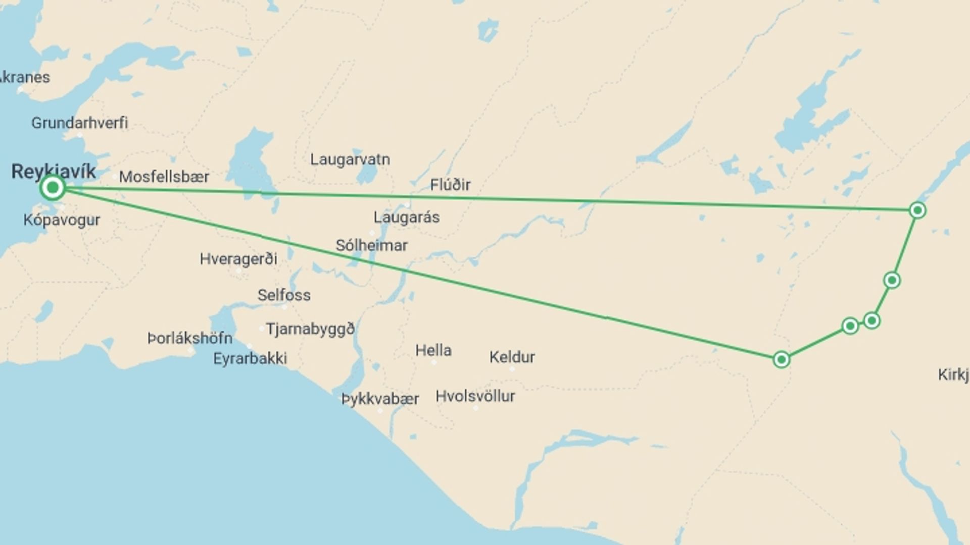 A map showing the tour itinerary for the trip: The Volcanic Trails, starting in Reykjavik, Iceland and ending in Reykjavik, Iceland going through 5 other destinations.