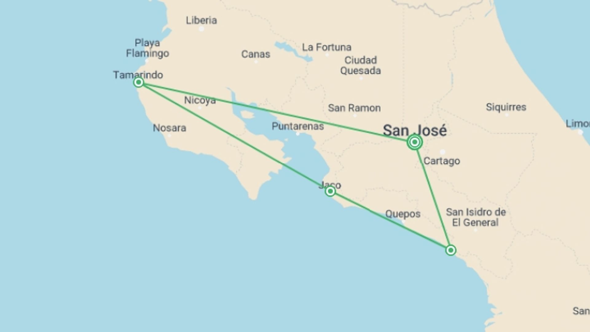 A map showing the tour itinerary for the trip: Surf Costa Rica (on Request), starting in San Jose, Costa Rica and ending in San Jose, Costa Rica going through 3 other destinations.
