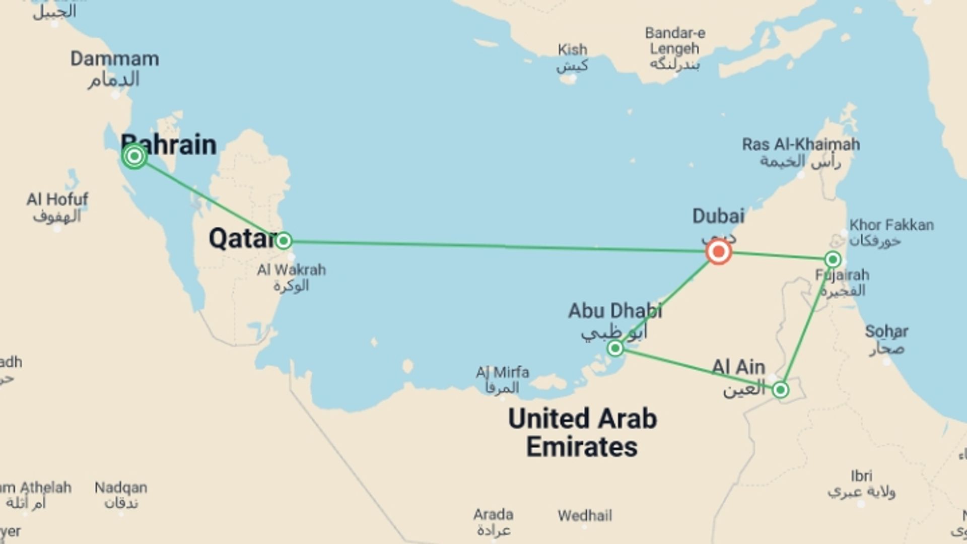 A map showing the tour itinerary for the trip: Bahrain, Qatar, Dubai and Arab Emirates, starting in Bahrain Fort, Bahrain and ending in Dubai, UAE going through 5 other destinations.