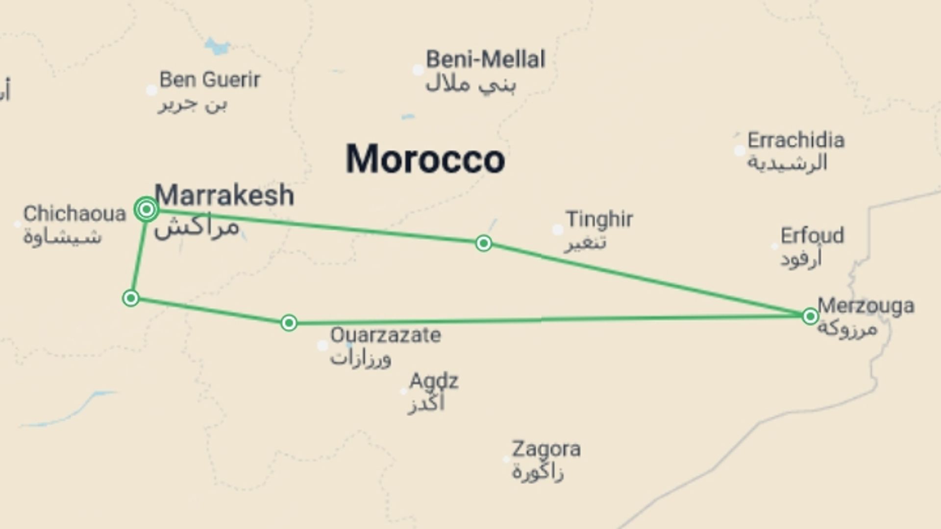 A map showing the tour itinerary for the trip: Southern Morocco: Marrakech, the Atlas Mountain & the Sahara, starting in Marrakech, Morocco and ending in Marrakech, Morocco going through 4 other destinations.