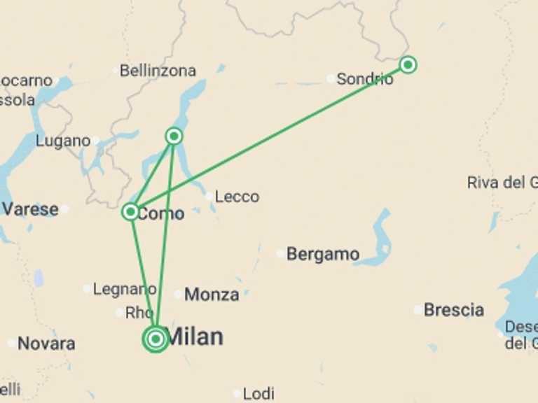 Map itinerary of Italy Tour in Summer with 3 destination visits for the trip: Lake Como & Bernina Express - 4 days