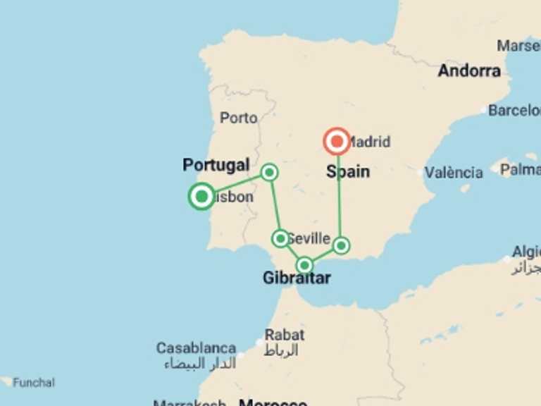 Map of Europe Tour with 5 destination visits for the trip: Seville, Costa del Sol & Granada - 5 days