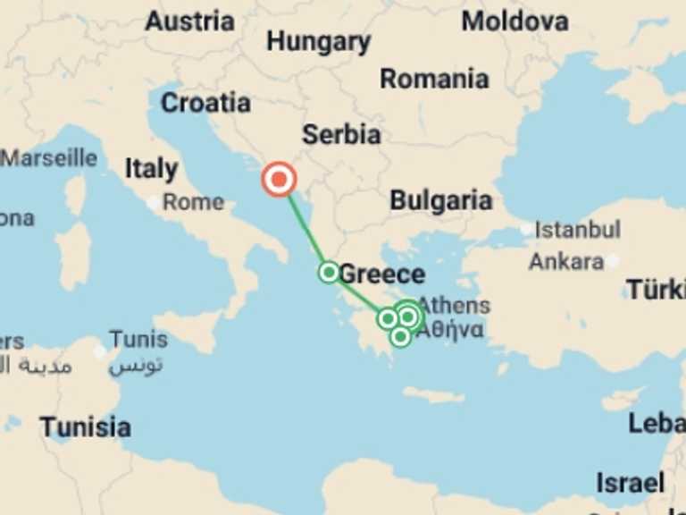 Map of Mediterranean Tour with 5 destination visits for the trip: From Celebrated Athens to Dubrovnik, the Pearl of the Adriatic (port-to-port cruise)