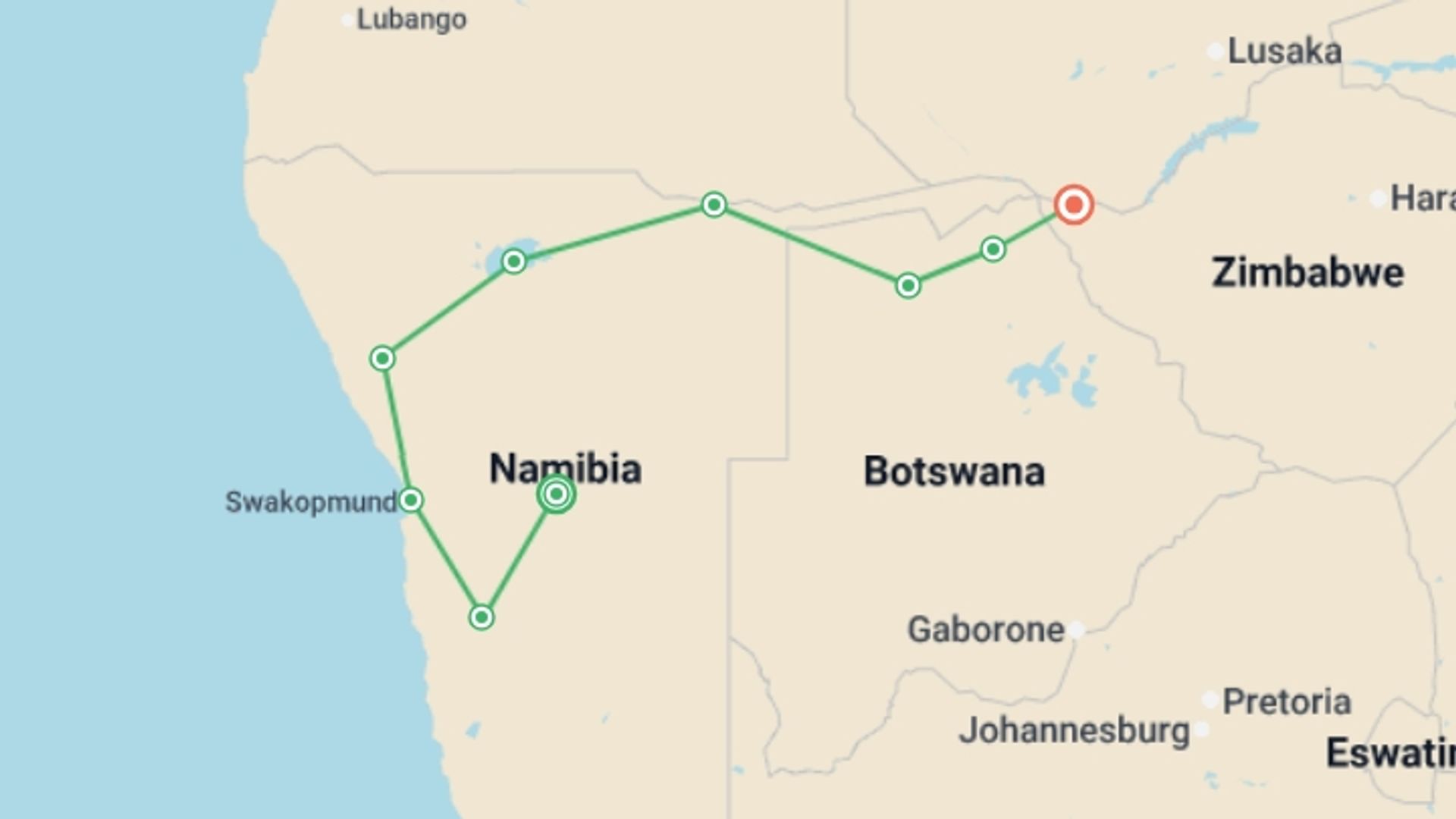 A map showing the tour itinerary for the trip: Namibia, Botswana and Falls - 14 days, starting in Windhoek, Namibia and ending in Victoria Falls, Zimbabwe going through 7 other destinations.