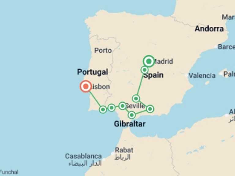 Map of Lisbon Cultural, religious and historic sites Tour with 5 destination visits for the trip: Andalucia Discovery - 6 days