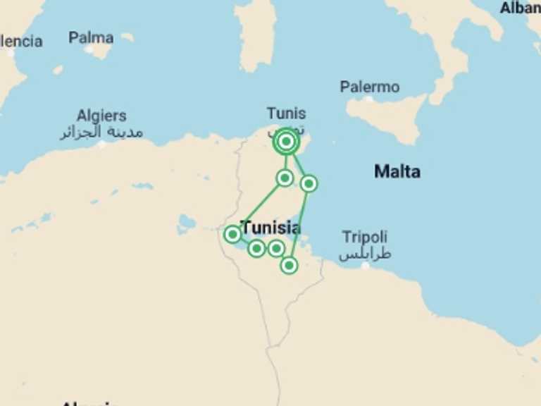 Map of Tunisia Tour with 7 destination visits for the trip: Tunisia Expedition