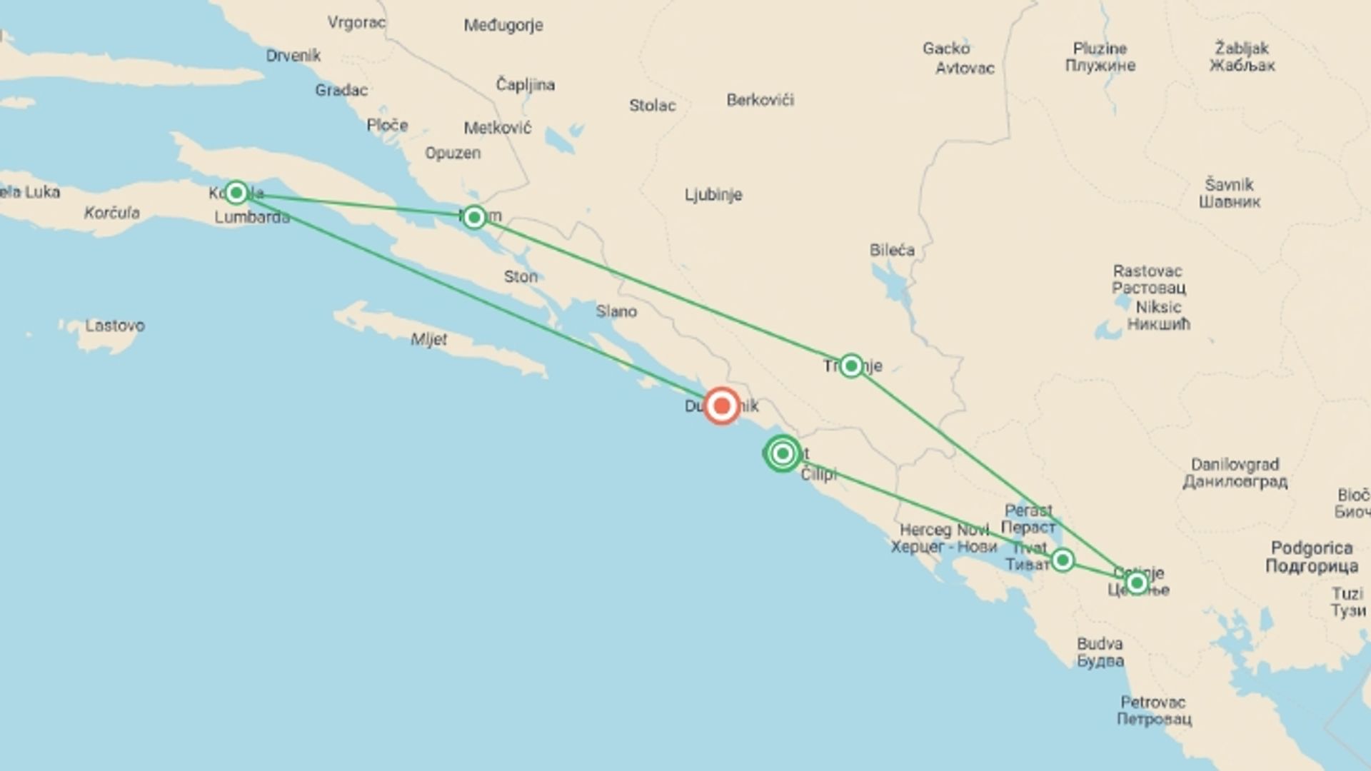 A map showing the tour itinerary for the trip: Adriatic Escapes, starting in Cavtat, Croatia and ending in Dubrovnik, Croatia going through 5 other destinations.