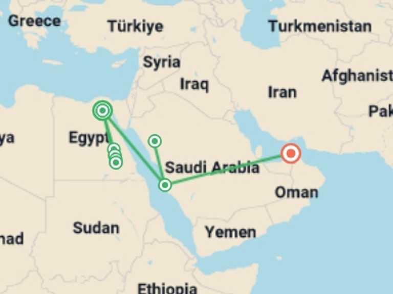 Map of 14-Day Luxor Tour with 7 destination visits for the trip: Best of Egypt Saudi Arabia and Dubai