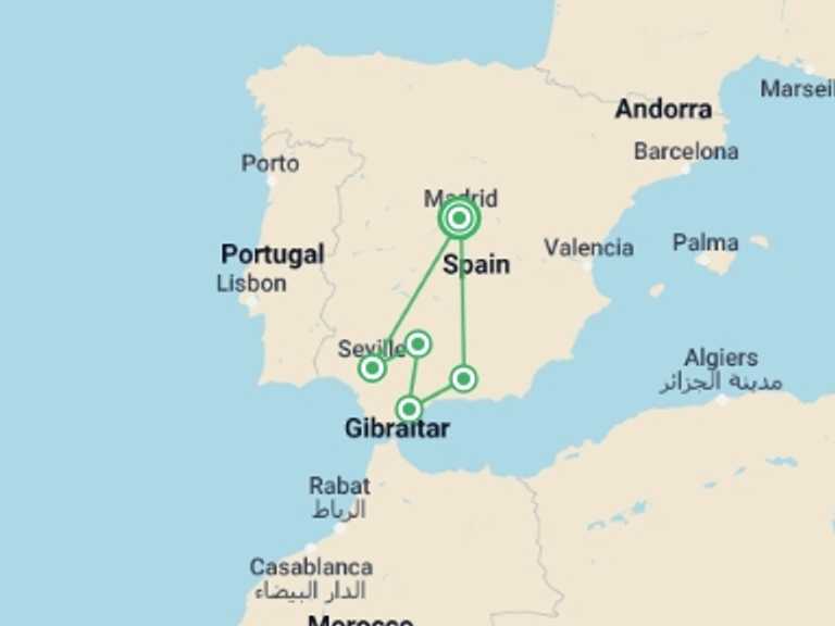Map itinerary of Spain Tour in February 2026 with 5 destination visits for the trip: 6 Day Tour To Andalusia & Toledo From Madrid (c660)