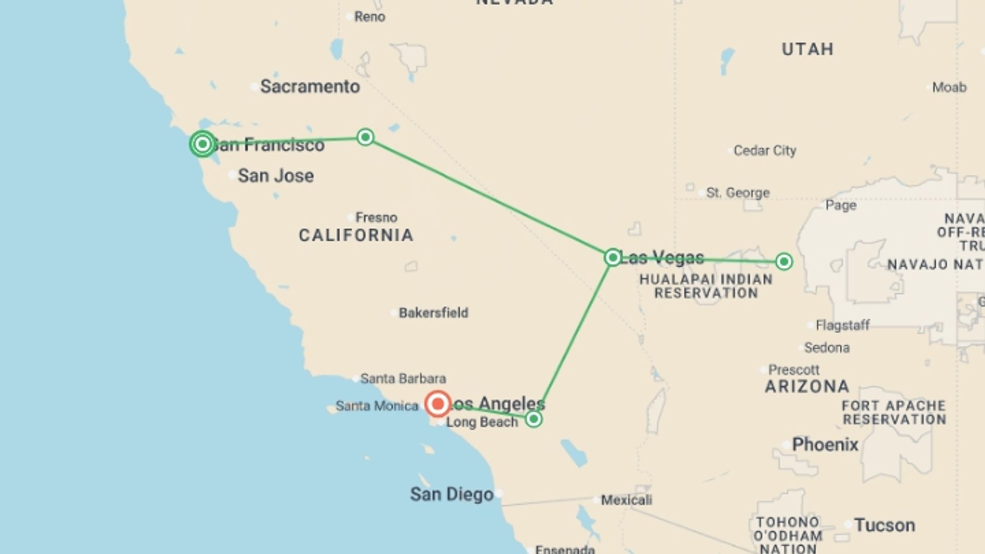 A map showing the tour itinerary for the trip: Western Highlights, starting in San Francisco, USA and ending in Los Angeles, USA going through 3 other destinations.