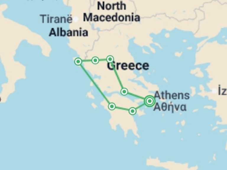 Map itinerary of Europe Tour in May 2026 with 8 destination visits for the trip: Secrets of Greece including Corfu